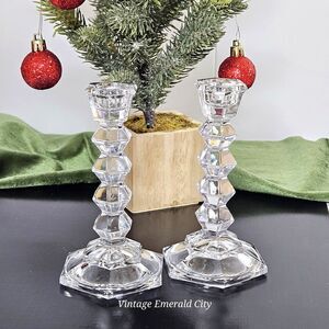 Vtg MIKASA Crystal Clear JewelStone Pattern Candlestick Candle Holder Set of 2
